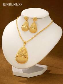 3pcs Luxury Exquisite Oval Middle Eastern Pattern Necklace & Earrings Set, 18K Gold Plated, Suitable For Women, Girls, Wedding, Party, Daily Wear - Gold - View 1