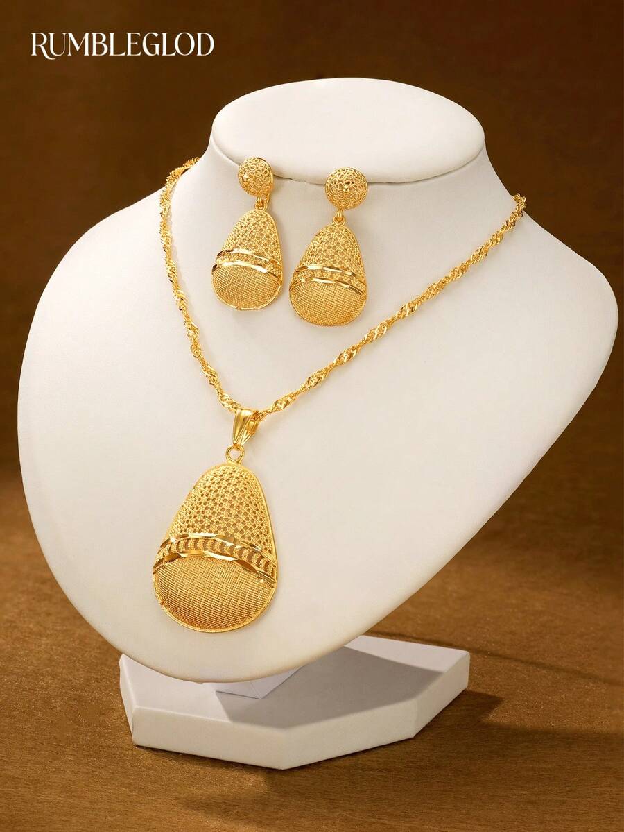 3pcs Luxury Exquisite Oval Middle Eastern Pattern Necklace & Earrings Set, 18K Gold Plated, Suitable For Women, Girls, Wedding, Party, Daily Wear - Gold - View 1