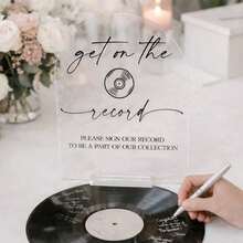 1pc Personalized Acrylic Wedding Sign - "Get On The Record" Vinyl Record Style Guestbook Alternative, Custom DJ Theme Sign, Modern Transparent/White Acrylic Ceremony Reception Decor, Unique Bridal Shower Gift - 20x25cm - View 13