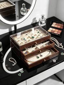 1pc Acrylic Walnut Wood Grain Jewelry Box, Wear-Resistant Acrylic Shell, Dust-Proof Visible Crystal Handle, Home Storage, Bracelet, Gift Choice, Wear-Resistant Texture, Layered, Partitioned, Large Storage, Necklace, Ring, Earring, Scratch-Resistant, Dust-Proof - Multicolor - View 2