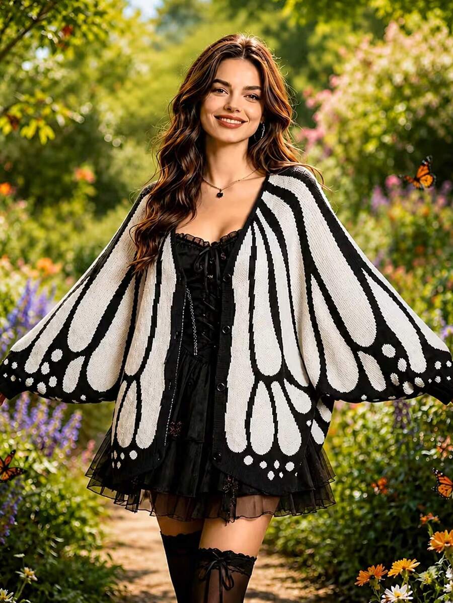 Women's Long Sleeve Knitted Cardigan, Butterfly Wing Print, Button Front, Regular Fit, Autumn/Winter - Black - View 1