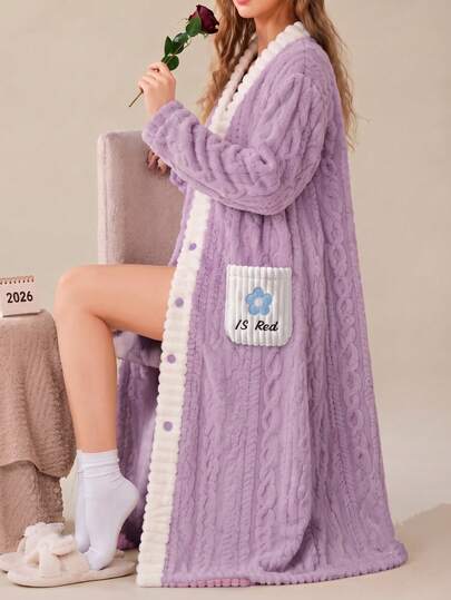Women's Flannel Long Sleeve Robe, Thick Textured Coral Fleece Long Loungewear, Loose Casual Cute Girl Home Bathrobe, Suitable For Home, Student Dorm, Travel