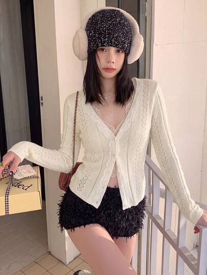 Elegant White Lace Knit Cardigan, Pure Sweet V-Neck Long Sleeve Women's Sweater, Daily Wear