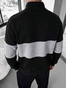 Men's Black & Grey Horizontal Striped Colorblock Half-Zip Sweatshirt, Small Horse Rider Logo Print On Chest, Dropped Shoulder, Casual Pullover Sweatshirt For Autumn/Winter/Spring - Black - View 2