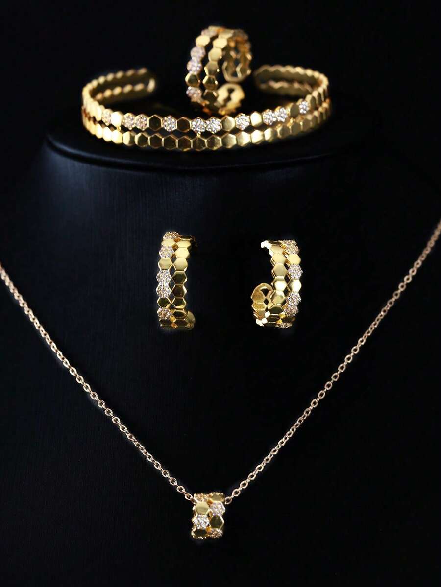 4pcs/Set Perhiasan Emas Bentuk Segi Enam Sarang Lebah dengan Inlay Zirkonia Kubik untuk Wanita, Terdiri dari Anting, Gelang, Cincin, dan Kalung, Cocok untuk Pesta. - Emas - View 1