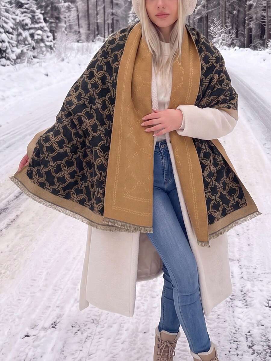1pc Premium Geometric Pattern Jacquard Faux Cashmere Warm Scarf, Cold-Proof Neck Warmer, Women's Autumn/Winter Fashion Versatile Air Conditioning Shawl Blanket, Suitable For Daily Matching And Decorative Use - Multicolor - View 1