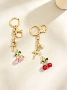 Cherry Pearl Anka Cross Keychain, Niche Exquisite Bag Charm, Portable Accessory, French Cherry Pendant Key Chain, Faux Pearl Cross Pendant, Girl's Backpack Decoration - Cherry Pearl Cross - View 3