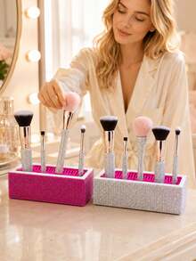 Two-Tone, Multicolored Rhinestone Finish-Rectangular Makeup Brush Organizer-Cosmetics Storage Box With Adjustable Compartments For Makeup And Nail Care Tools-Ideal For Placement On A Bedroom Vanity Or Similar Settings - Multicolor - View 3