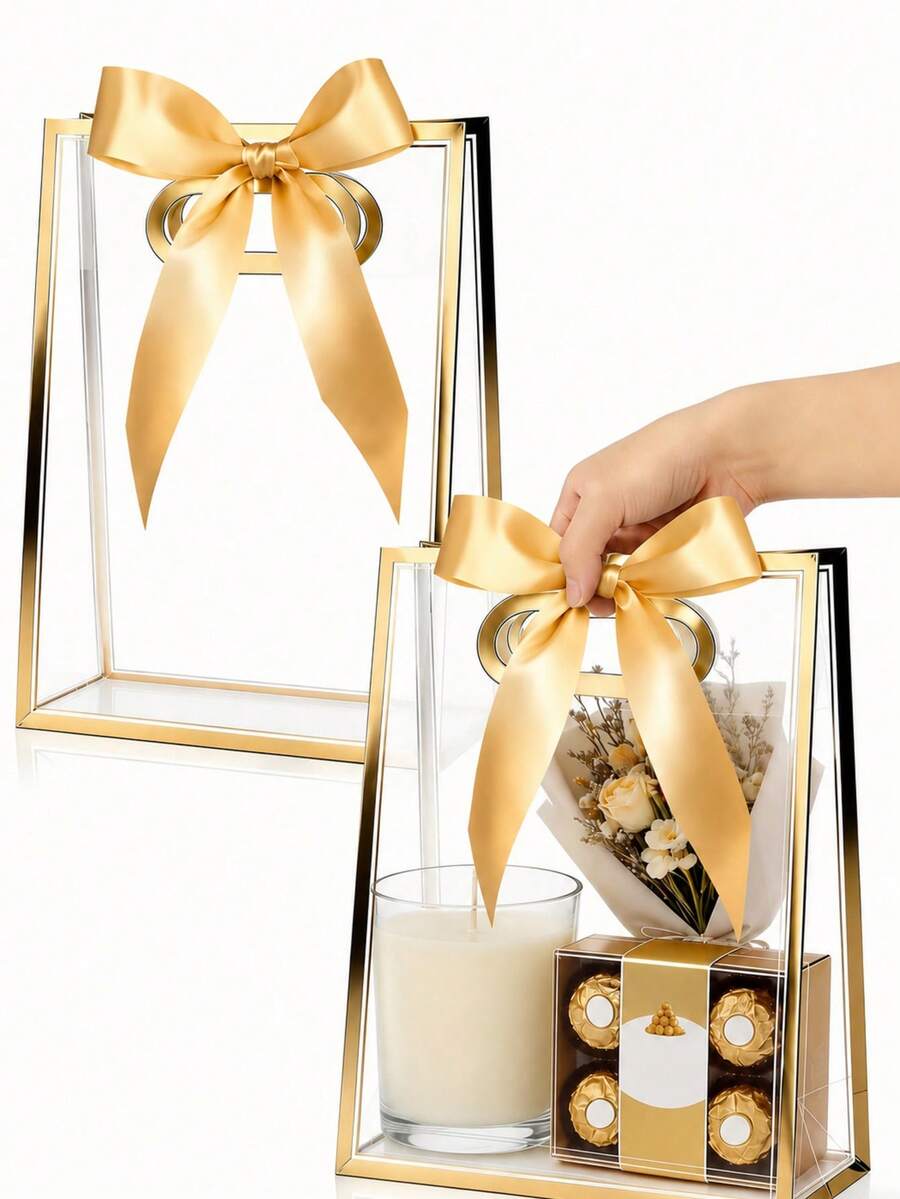 12pcs-Gold Rim Transparent Plastic Gift Bags, With Die-Cut Handles, Reusable PP Gift Bags, With Ribbon, Suitable For Graduation, Wedding, Bridal, Birthday, Baby Shower, Small Business - Transparent Gold-rimmed Gift Bag (with Ribbon) - View 1