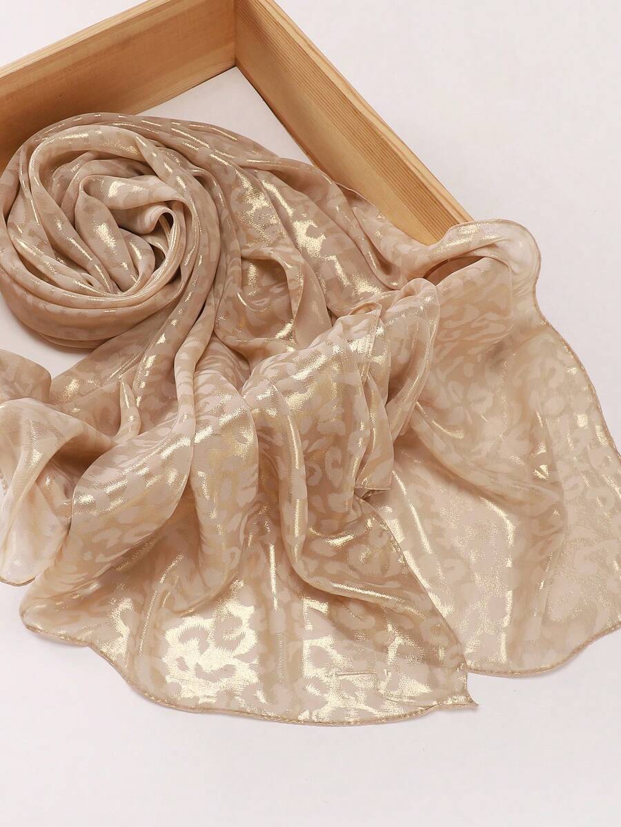 1件 春夏休閒百搭端莊穆斯林頭巾,奢華金箔豹紋提花,柔軟透氣圍巾披肩 - 米金色#11 - 查看 1