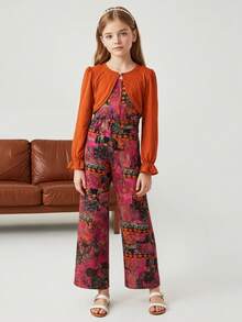 Tween Girl 2pcs Set Vintage Knit Short Jacket And Tank Top Jumpsuit, Autumn/Winter - Purple - View 6