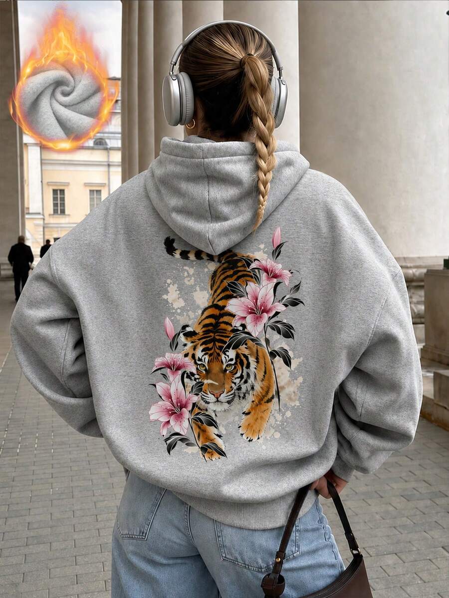 女款秋冬新款極簡時尚虎紋印花休閒百搭保暖內裡衛衣 - 深花灰 - 查看 1