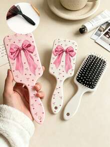 1/2/3pcs Air Cushion Massage Comb, Pink Bow And Heart Pattern, Women's Anti-Static Large Paddle Brush, Detangling Styling Scalp Massage Comb, For Home Daily Use, Gift For Family And Friends - Multicolor - View 9