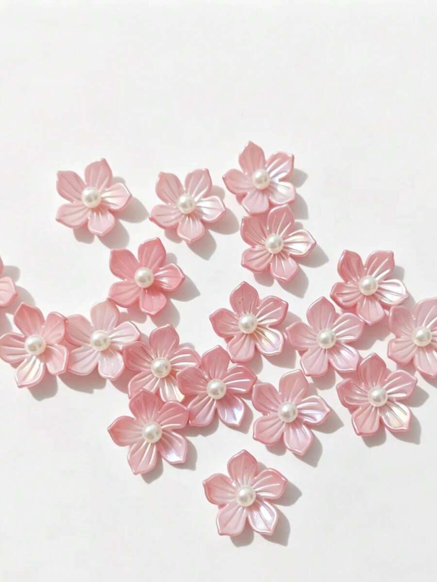 30pcs Faux Pearl Plated Pink Rhinestone Flower Design Hat Dress Decorative Buttons DIY Handmade Craft Accessories - Pink Iridescent Pearl Flower - View 1