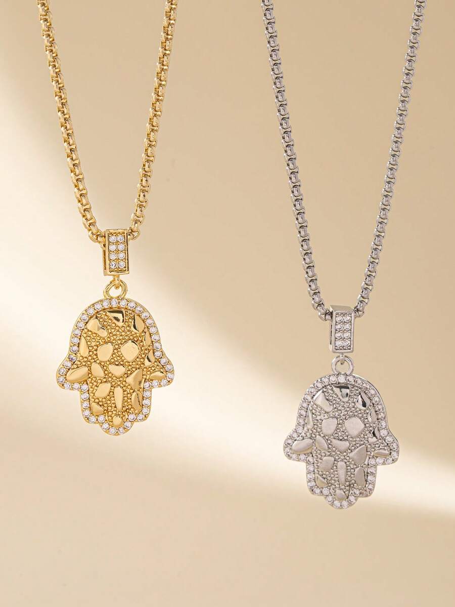 1 Hamsa Hand Pendant Necklace, Sparkling Rhinestone Charm, Vintage Boho Style, Unisex Daily Jewelry - Multicolor - View 1