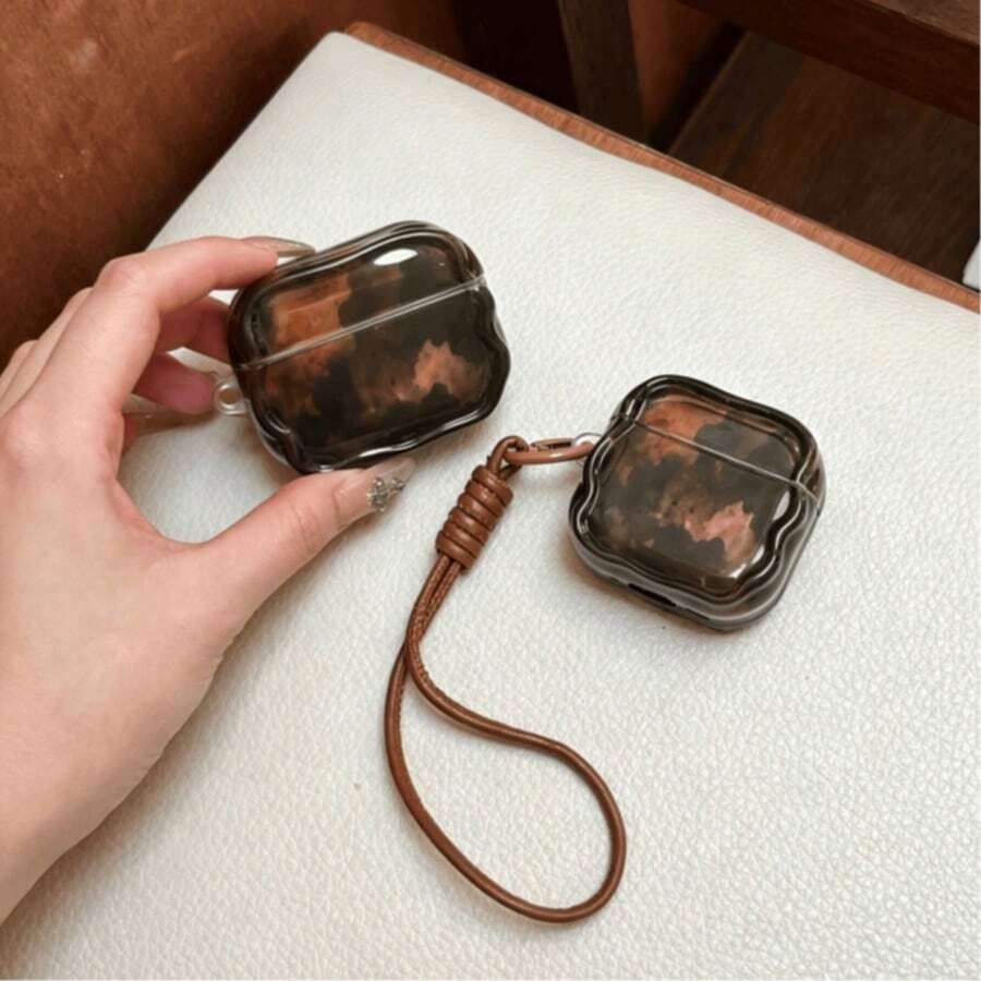 Vintage Brown Gradient Bluetooth Earphone Protective Case, Compatible With Mainstream Wireless Bluetooth Earphones, Made Of High-Transparency TPU Soft Shell Material, Using Ink Gradient Printing Process To Create A Vintage Mottled Texture Similar To Amber Tortoiseshell, Deep And Light Brown And Black Blending Together, Full Of High-End Vintage Feel