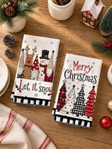 2pcs Christmas Cartoon Reindeer Snowman Christmas Tree Merry Christmas Illustration Pattern Kitchen Towels, Soft Polyester Material Dish Cloths, Suitable For Kitchen Decor, Kitchen Cleaning, Holiday Party Decoration, Kitchen Bathroom Supplies Home Essentials, Home Decor, Housewarming Gift - Multicolor - View 6