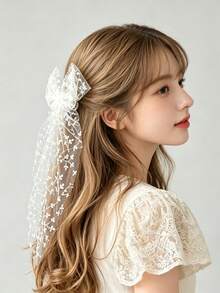 1pc Girls White Lace Embroidered Cute Elegant Long Tail Bow Veil Hair Clip Children Hair Accessory - Multicolor - View 9