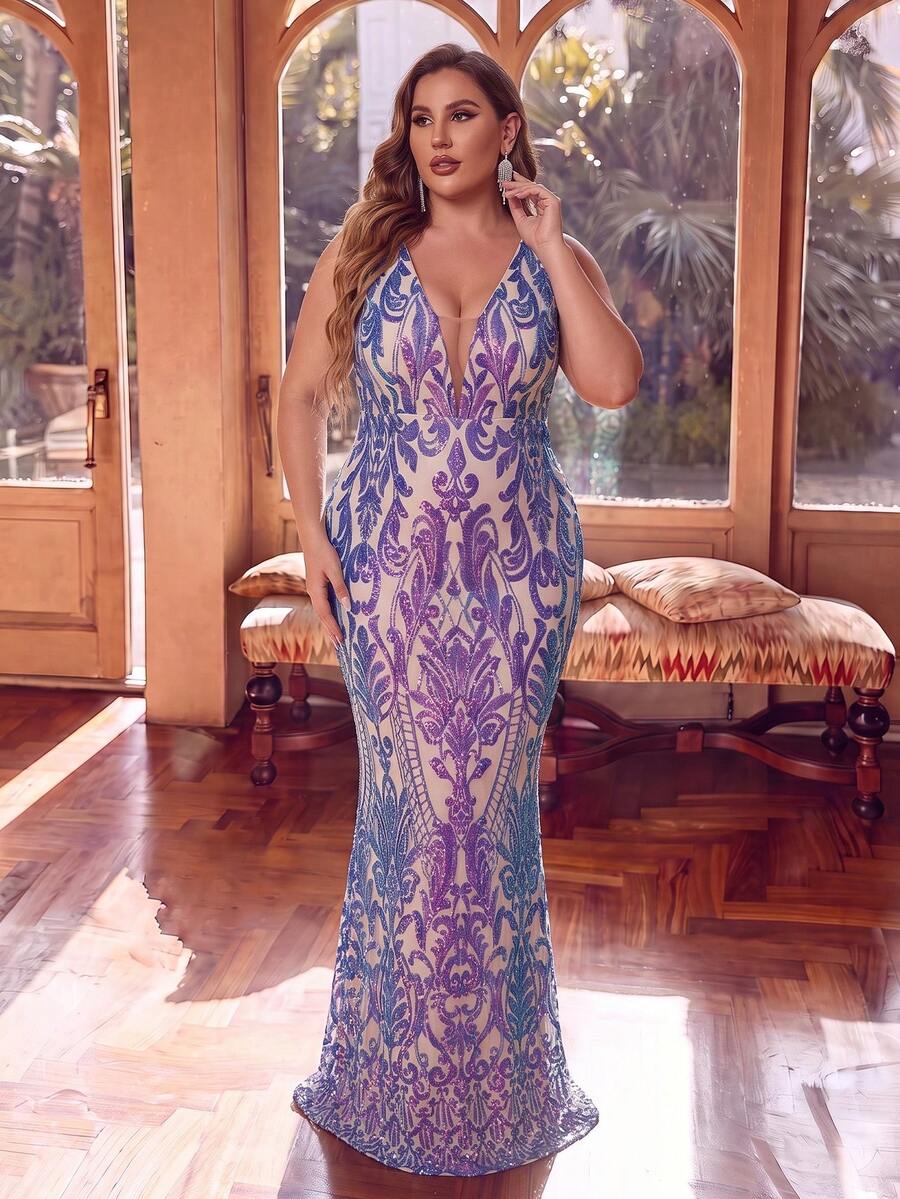 Plus Size Charming Violet Sequin Sexy Deep V-Neck Long Party Evening Dress - Lilac Purple - View 1