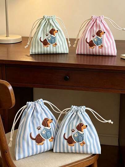 Cute Dachshund Print Multicolor Vertical Striped Drawstring Coin Purse, Mini Travel Makeup Storage Bag, Small Organizer Pouch, Jewelry Storage Bag, Coin Purse, Lipstick Accessory Storage Bag, Lightweight Portable Drawstring Pouch, Suitable For Women, Girls, Teenagers, Applicable For Daily Use, Vacation Travel, Bag Organization, Toiletries Storage, Can Be Used As Holiday, Back To School Dorm Gift Bag