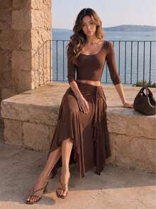 Women's Fall Winter Brown Square Neck 3/4 Sleeve Crop Top + Twist Ruffle Asymmetric Midi Skirt Set, Daily CommuteWork Nightclub Back To School/College - Mocha Brown - View 5