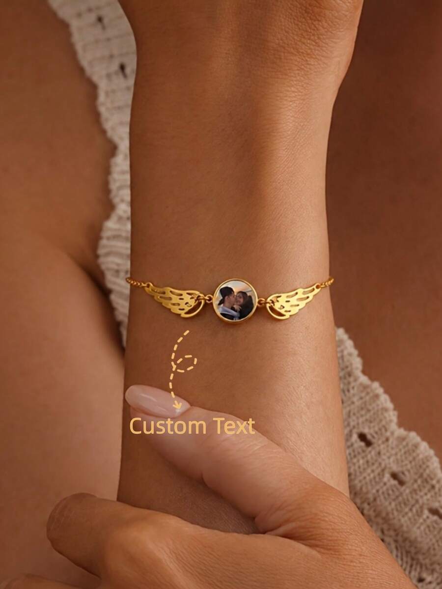 Customized Photo Bracelet, Personalized Photo Wing Bracelet, Customized Photo Memorial Bracelet, Unisex For Daily Wear, Birthday Gift, Halloween Gift, Christmas Gift - Multicolor - View 1