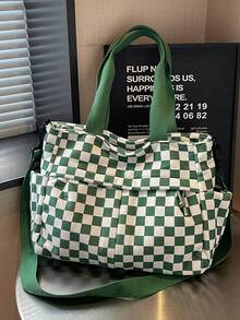 1pc Minimalist Large Capacity Multi-Pocket Plaid Tote Bag, Shoulder Bag, Crossbody Bag, Multi-Use Large Bag, Suitable For Travel, Shopping, Vacation, Can Hold Laptop, Textbooks, Clothes - Green - View 7