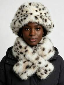 2pcs Unisex Faux Lynx Scarf & Hat Set, Leopard Print Plush Bucket Hat, Face-Slimming Thickened Warm Ear-Protective Hat - Multicolor - View 1