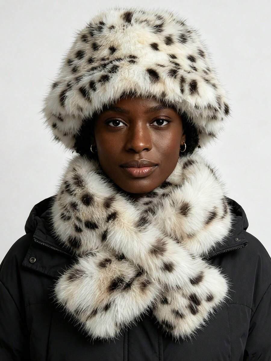 2pcs Unisex Faux Lynx Scarf & Hat Set, Leopard Print Plush Bucket Hat, Face-Slimming Thickened Warm Ear-Protective Hat - Multicolor - View 1