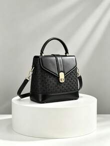 Black Woven Bucket Bag For Women Vintage Top Handle Crossbody Purse Gold Hardware Structured Handbag For Work - Black - View 8