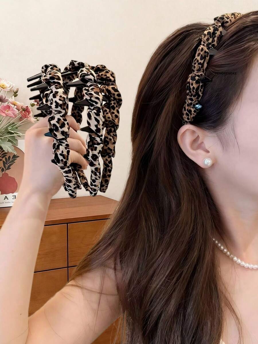 3件裝淺色豹紋緞面編織髮箍，鋸齒防滑設計，優雅髮飾，適合女性日常通勤造型