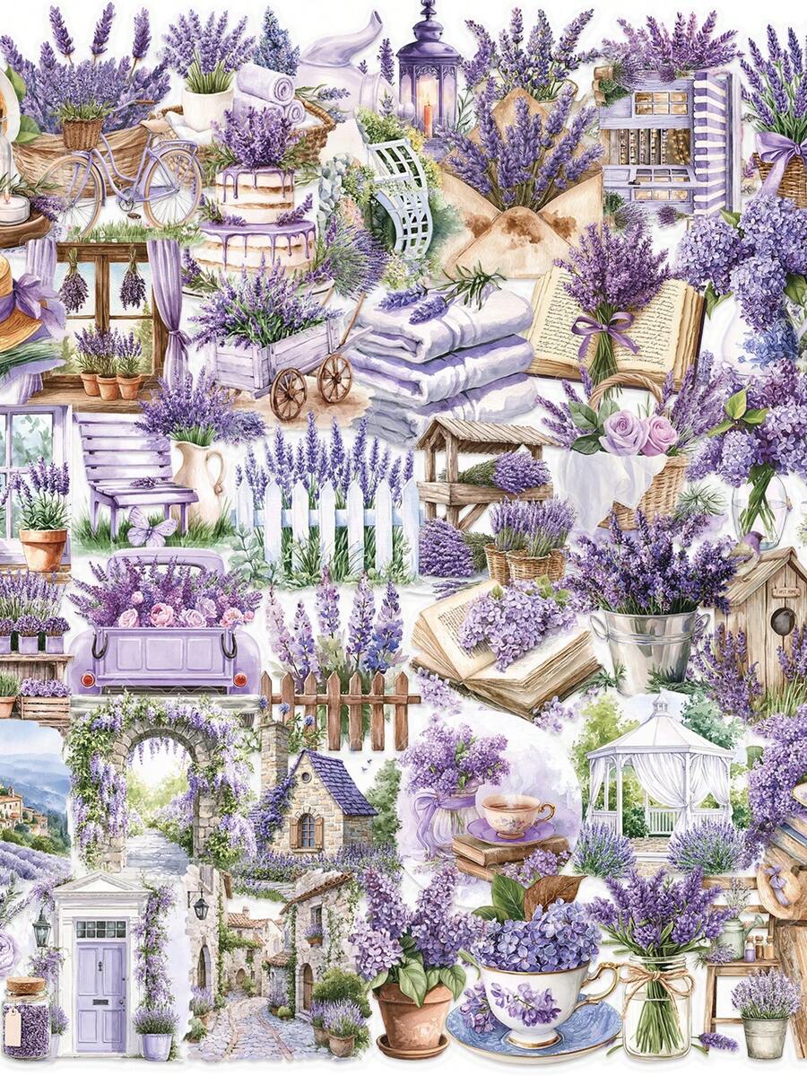 50pcs Lavender Flower Sticker Pack, Decorative For Notebook, Planner, Diary, Luggage, Cabinet, Fridge, Photo Frame, Envelope, Greeting Card Stickers Funny Stickers Kindle Scrapbook Supplies Laptop Sticker School Supplies - Black - View 1