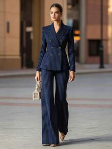 Women's Blue Striped Double-Breasted Blazer And Trousers Set, Elegant Two Pieces Suit Fall - Navy Blue - View 1