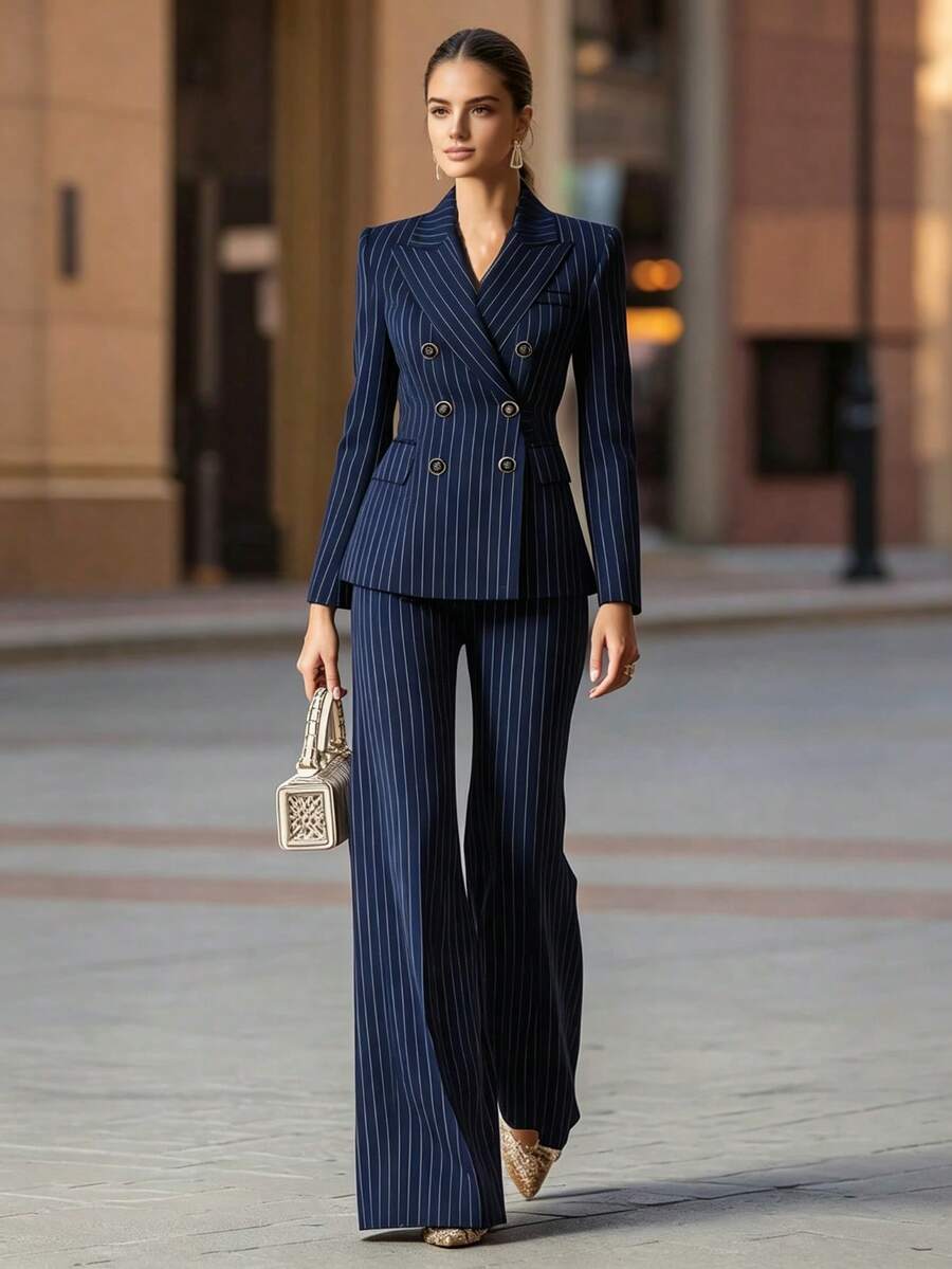 Women's Blue Striped Double-Breasted Blazer And Trousers Set, Elegant Two Pieces Suit Fall - Navy Blue - View 1
