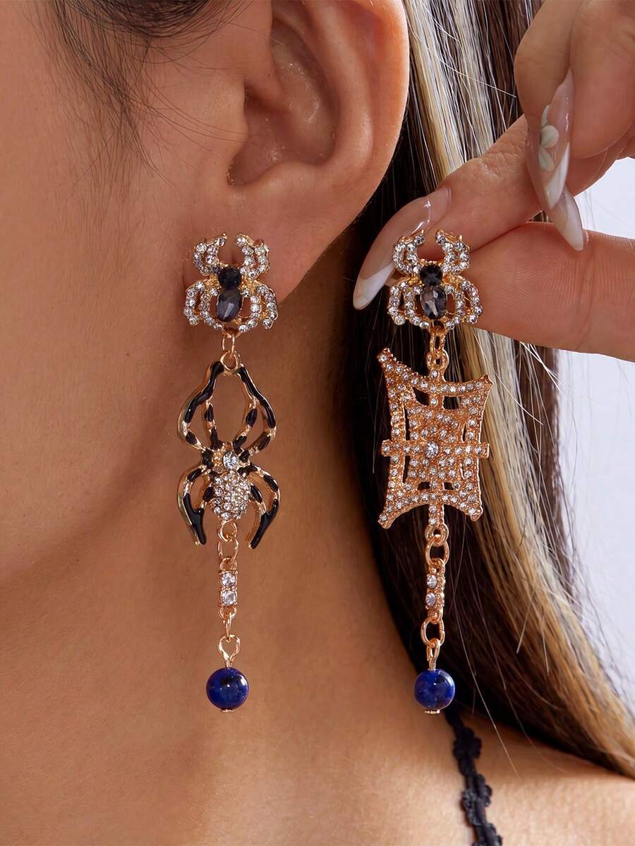 Halloween Diamond-Studded Exaggerated Spider-Web Pendant Earrings - Unique And Quirky Earrings - Multicolor - View 1
