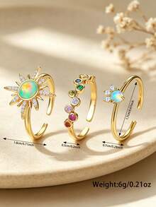 3pcs Fashion Minimalist Starburst Cubic Zirconia Open Adjustable Rings Jewelry Set For Women, Suitable For Parties, Holiday Themes, Daily Wear, Personalized Layering And Performance Accessories - 3 Pieces - View 5
