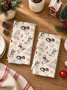 2pcs Christmas Cartoon Cat & Holly Berry Pattern Kitchen Towels, Soft Polyester Dish Cloths, Suitable For Kitchen Decor, Kitchen Cleaning, Holiday Party Decoration, Kitchen & Bathroom Supplies, Home Essentials, Home Decor, Housewarming Gift - Multicolor - View 7