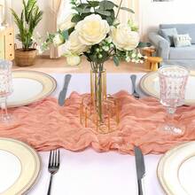 Assorted Color Crinkle Cheesecloth Table Runner Mix Multi Wrinkle Gauze Table Scarf, Semi Sheer Boho Rustic Table Decor For Wedding Reception Bridal Shower Banquet Holiday Party - Coral Pink - View 2