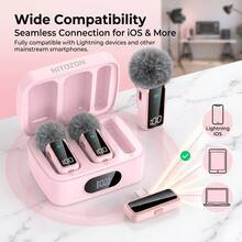 HITOZON Wireless Lavalier Lapel Microphone, 2 Mics With Charging Case, Noise Cancelling, LED Battery Indicator, Plug And Play Mic Compatible With IPhone, Android For Content Creators, Live Streaming & Video Recording - Pink - View 5