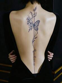 STARTTOOS Herbal Juice Semi-Permanent Long Strip Back Spine Tattoo Sticker - Butterfly Floral Stripe Pattern 7-12 Days No Fading DIY Carnival Beach Party Holiday Gift Arm Thigh Waterproof Tattoo Sticker 1pc/Pack - Blue - View 4