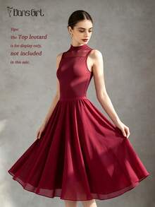 DonsGirl 1pc Women's Elegant Chiffon Ballet Midi Dress, Elastic Waist A-Line Flared Skirt, Multi-Functional Dance Dress Fall - Burgundy - View 3