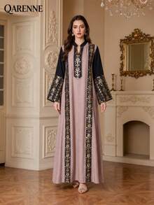 Dusty Pink Contrast Sequin Embroidered Kaftan Maxi Dress, Stand Collar Long Flare‑Sleeve Loose Floor‑Length Evening Robe - Pink - View 10