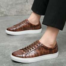 Men's Lace-Up Brown Crocodile Embossed Leather Sneakers With Clean Toe Shape, Well-Fitted Laces, Reinforced Perforations, Non-Slip Sole, Even Stitching, Suitable For Suits, Weddings, Banquets, Casual Wear - Brown - View 10