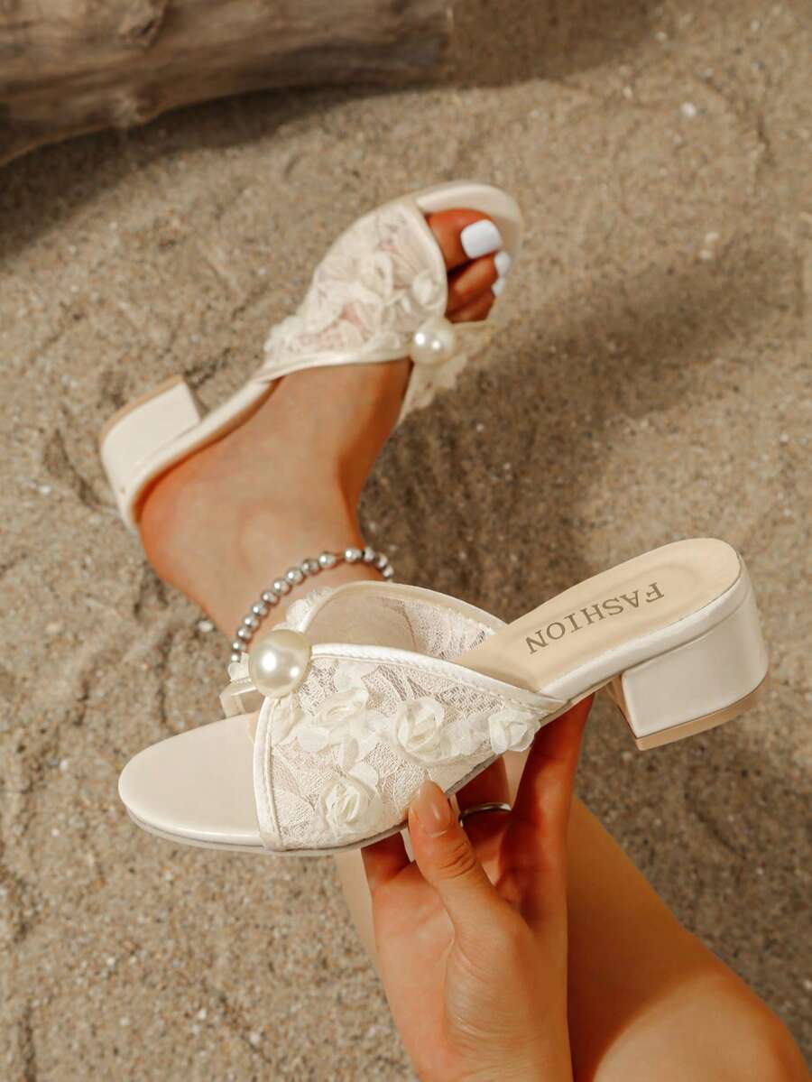 1 Pair Women's High Heel Sandals Lace Flower Pearl Chunky Heel Slide Sandals Open Toe Mule Shoes Heel Height 4.5cm - Beige - View 1