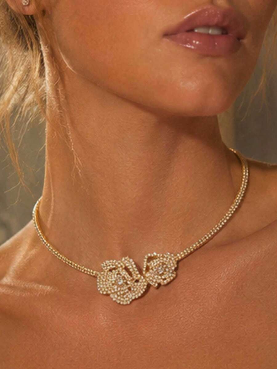 outingfit 1pc New Hot-Selling 3D Rose Rhinestone Open Adjustable Flower Choker Necklace, European & American Style, Suitable As Valentine's Day Gift - Gold - View 1