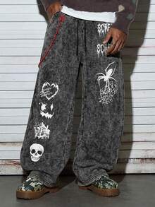 Simple-Men Washed Vintage Drawstring Baggy Sweatpants, Gothic Halloween Skull Spider Ghost House Print Elastic Waist Streetwear Loose Trousers - Black - View 3