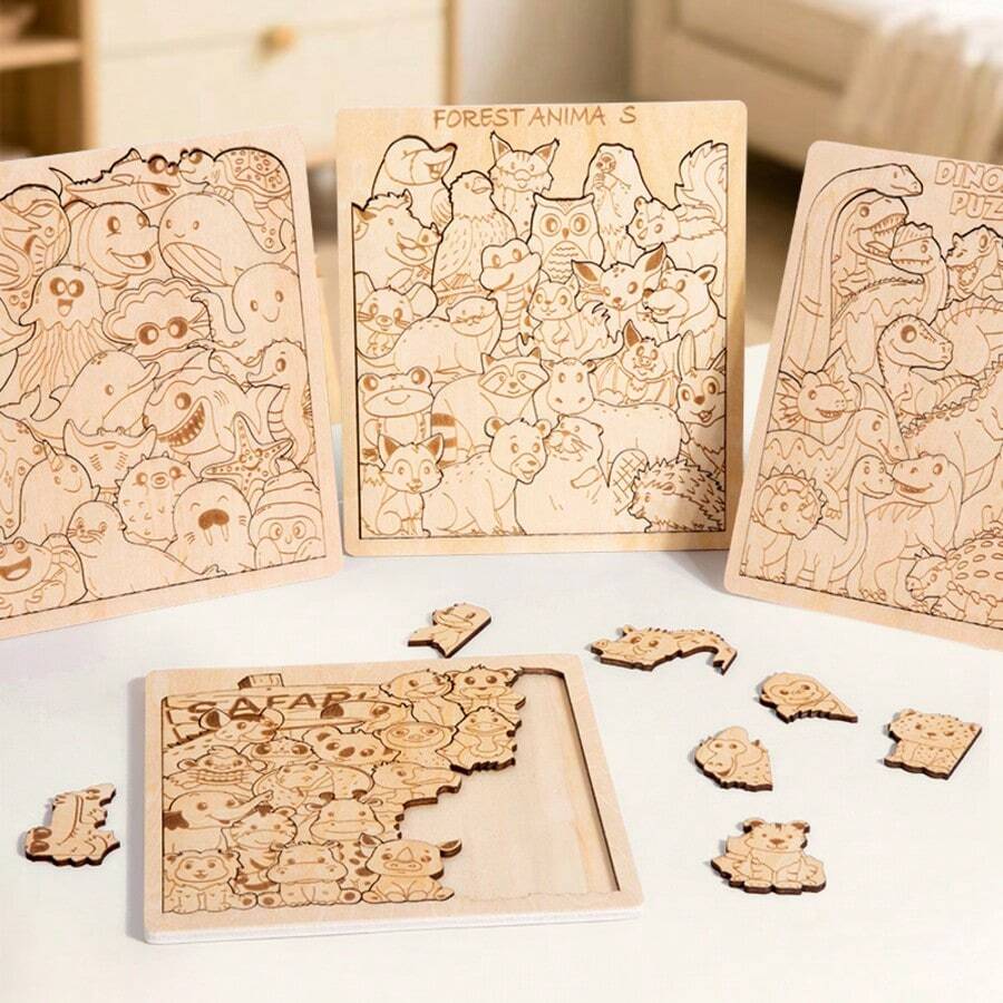 1 Set Wooden Asymmetric Animal Puzzle, Laser Engraved High Difficulty Ocean Forest Dinosaur Theme Children's Educational Puzzle Board Toy