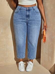 Plus Size Mom Slim Fit Ankle Length Denim Jeans With Pockets And Zipper, Non-Stretch Fabric, Suitable For Daily Wear - Blue - View 8
