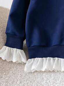 Flickors marinblå patchwork-sweatshirtjacka, 2 i 1 långärmad sweatshirt med spetsvolangfåll och baseballkrage, enfärgad för höst/vinter - Blå - Visa 6
