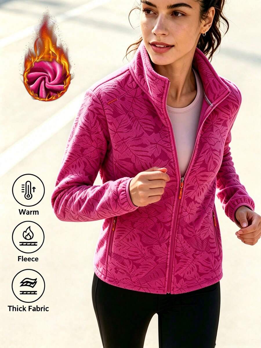 Jaket Fleece Outdoor Wanita Fallfashion dengan Motif Daun Maple dan Desain Saku Resleting Tebal, Jaket Fleece Falloutfit - Hot Pink - View 1